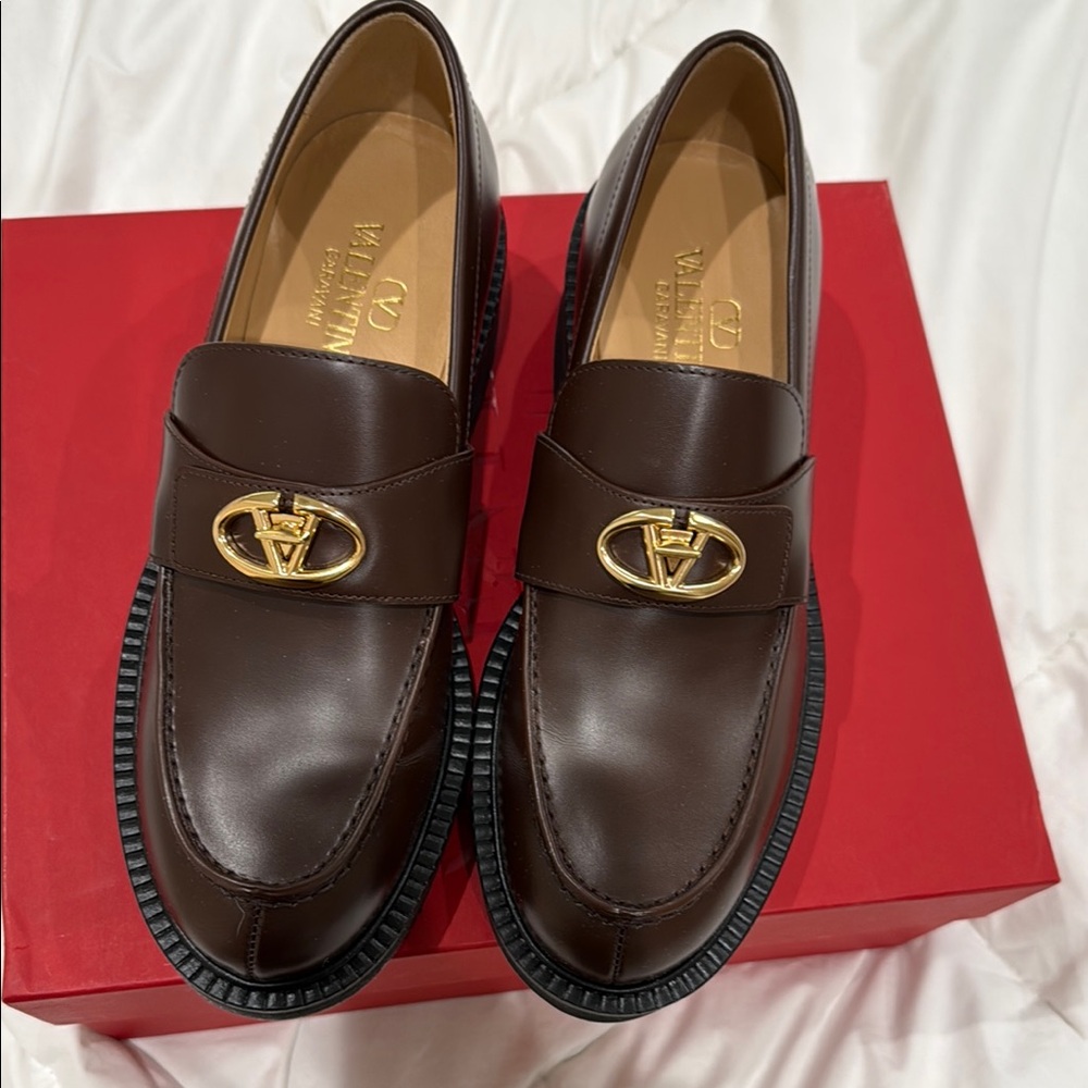 Valentino Brown Leather Loafers with Gold Embellishment
